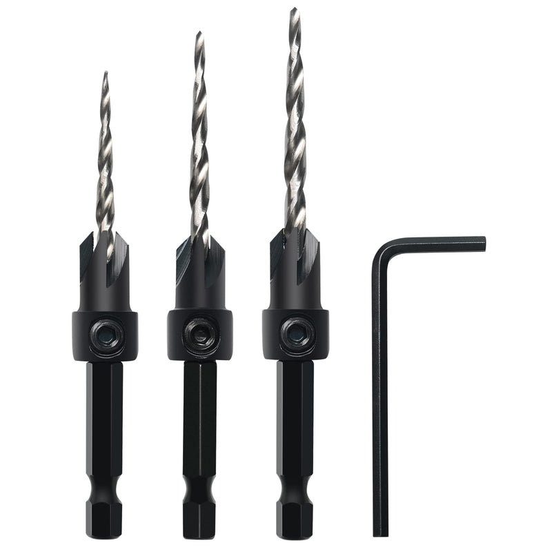 [Australia - AusPower] - Countersink Drill Bit Set, 3Pcs Tapered Drill Bits M2 HSS, with 1/4" Hex Shank Quick Change and Allen Wrench, Counter Sinker Set for Woodworking and Carpentry, Pilot Screw Hole Set Set #6#8#10 