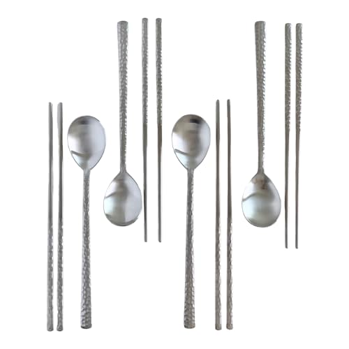 Korean Made Silver Glossy Hammered Stainless Steel Korean Spoon & Chopstick SET Gift for Mom Stocking Stuffer(4SET) 4SET