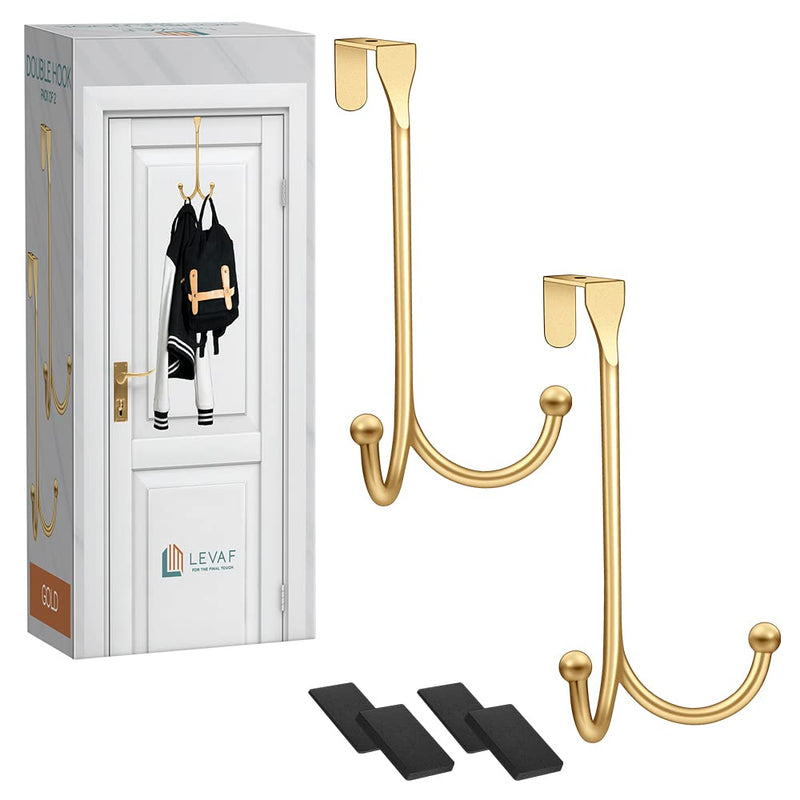 [Australia - AusPower] - 2-Pack Over The Door Hooks - with 2 Hang Heads & Snug Fit Pads Heavy Duty Hook for Hanging Coats, Towels, Caps & Robes - Elegant Matt Finish - No Drill Hanger Organizer - Gold 