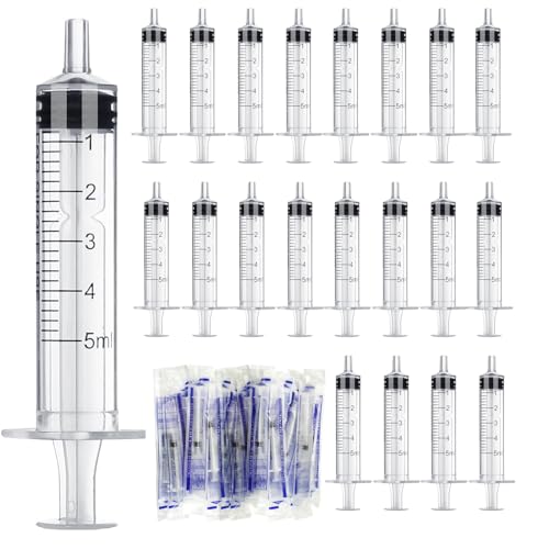 Syringes 5 ml, Pack of 20 Individual Package Plastic Syringe with Lid, Feeding Syringe, Reusable Syringe for Newborn Animal Feeding, Crafts, Laboratory Measurement