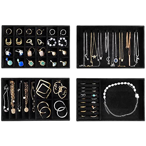 ProCase Stackable Jewelry Organizer Trays for Drawers, Jewelry Drawer Inserts Container Display Case Storage for Earring Necklace Rings Bracelet with Removable Dividers -Allblack, 4 Layers Allblack