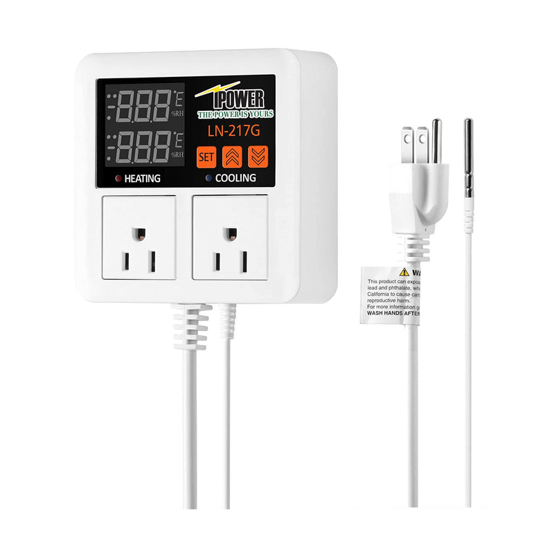 [Australia - AusPower] - iPower Digital Temperature Controller, 1200W 10A Dual Outlet Thermostat Plug, 2-Stage Heating/Cooling Mode, for Seed Germination, Reptiles, Brewing Breeding, Fermenter Greenhouse 