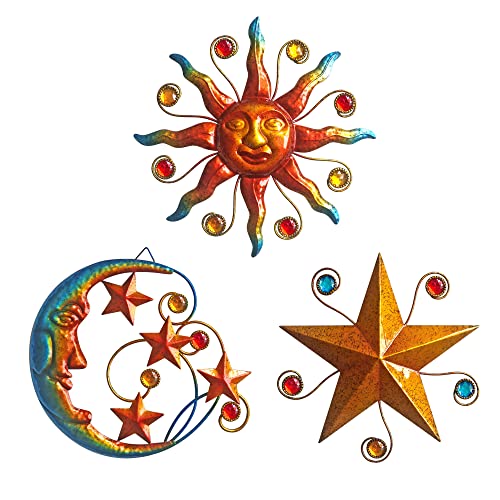 Limygus Set of 3 Celestial Sun Moon Star Metal Silhouette Wall Art, Waterproof Hanging Decor for Home Bedroom Bathroom Office