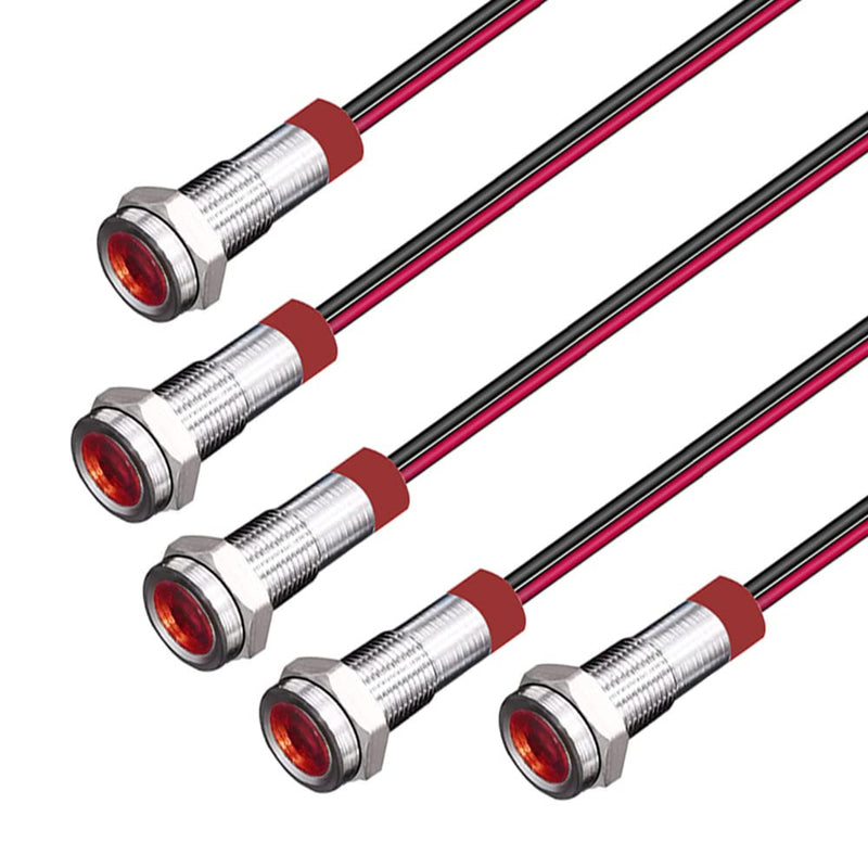 [Australia - AusPower] - 6mm 3V-4.5V-5V-6V-7.5V-9VDC Waterproof Signal Lamp with Wire, LED Metal Indicator Light Energy Saving(5pcs x Red LED) 