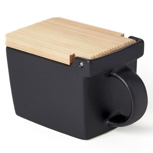 ZERO JAPAN Salt Cellar with Hinoki Lid (BEE HOUSE), Japanese Ceramic Salt Box for Sea Salt, Kosher Salt & Spices, One-Handed Flip Lid, Made in Mino, Japan, 16 oz - Noble Black