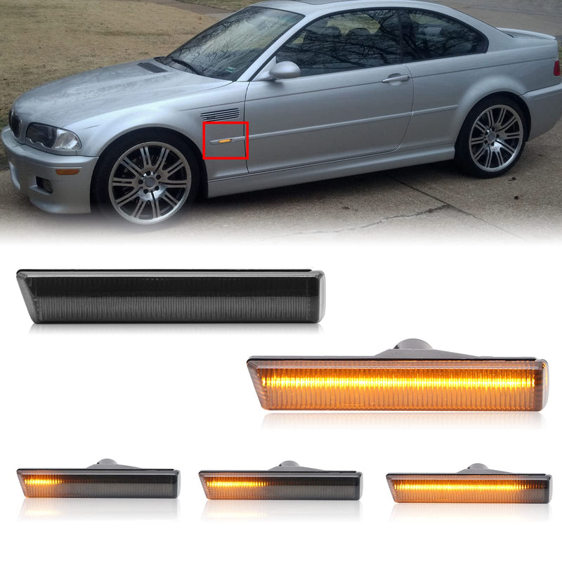 Sequential LED Turn Signal Lights Replacement for 7 Series E38 1995-2001, 3 Series E46 M3 2001-2006, Smoked Lens Front Amber Dynamic Fender Indicator Side Marker Lamp, Replace OE 63137165845 C2,Smoked Lens For 7 Series E38 1995-2001