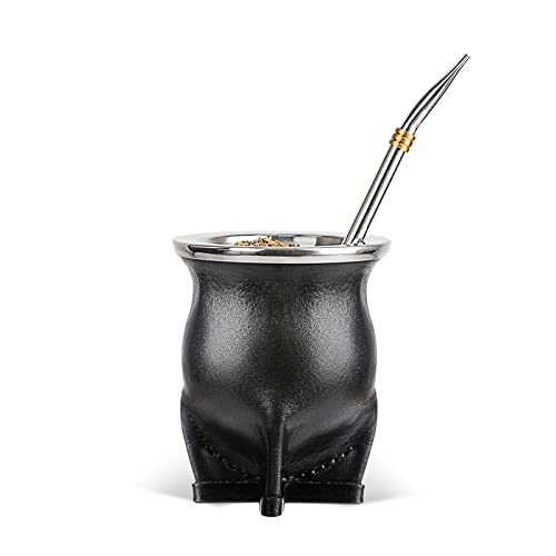 Cuopru Ceramic Liner Yerba Mate Cup Argentina Gourd with Mate Bombilla Straw, Cleaning Brush (Black) Black