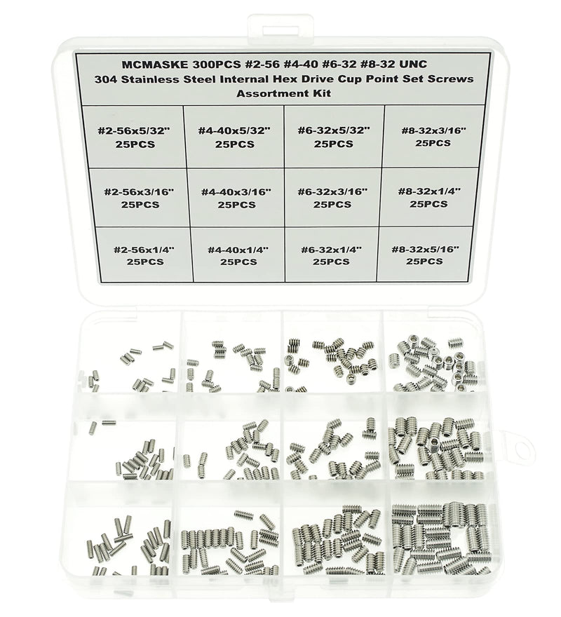 [Australia - AusPower] - 300PCS #2-56#4-40#6-32#8-32 UNC 304 Stainless Steel Internal Hex Drive Cup Point Set Screws Assortment Kit #2-56 #4-40 #6-32 #8-32UNC 
