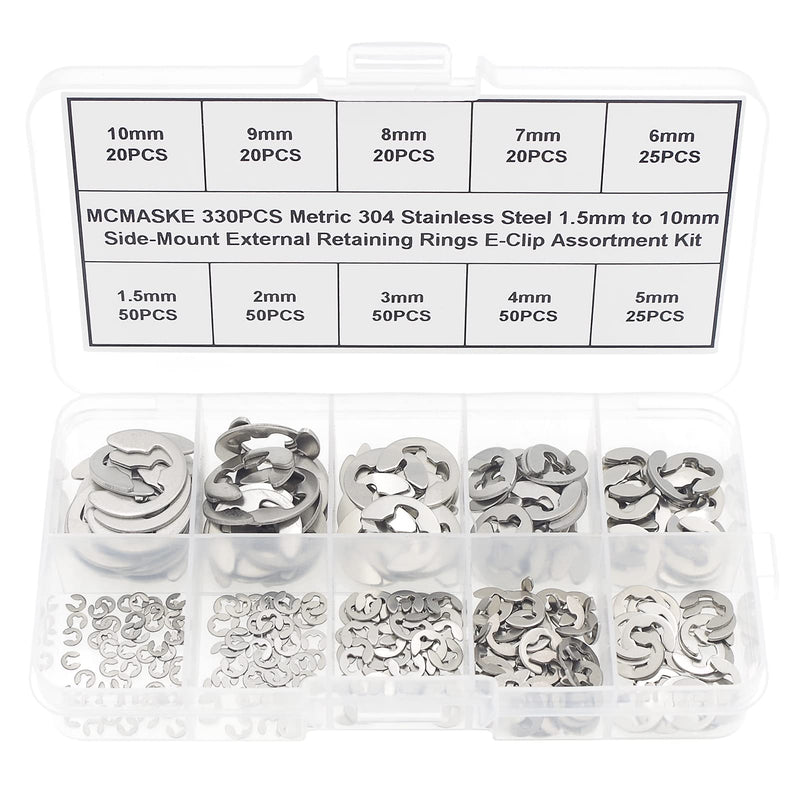 [Australia - AusPower] - 330PCS Metric 1.5mm-10mm 304 Stainless Steel E-Clips External Retaining Rings Assortment Kit;Side-Mount External Retaining Circlip Rings 