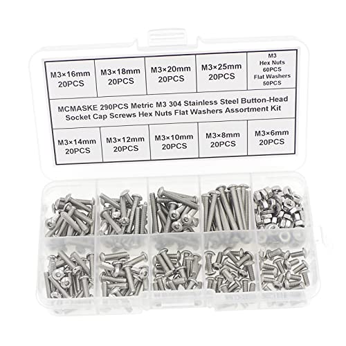 MCMASKE Metric M3 304 stainless steel button-head socket cap screw, nut and washer kit assortment