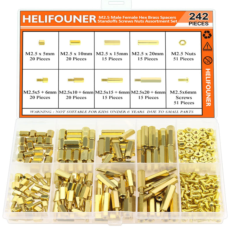 [Australia - AusPower] - 242 Pieces M2.5 Male Female Hex Brass Spacers Standoffs Screws Nuts Assortment Kit, Threaded Pillar for Printed Circuit Board Motherboard M2.5 Brass Standoff Set 