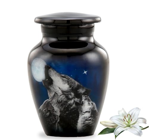 Midnight Wolves Keepsake Urn - 3 Wolves Mini Cremation Urn for Ashes - Wolves Howling at The Moon Sharing Urn - Wolf Urn - Moonlit Wolves Memorial Token Urn with Premium Box & Bag (Keepsake) Mini (Keepsake)