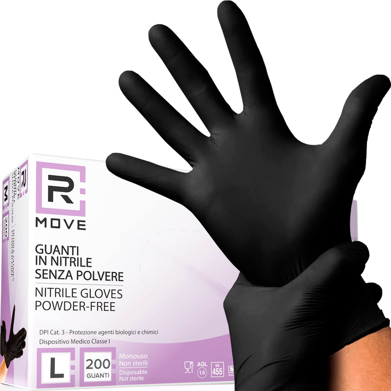 R MOVE Pack of 200 Disposable Gloves, Black, L Nitrile Gloves, Rubber Gloves, Disposable Medical Examination Gloves, Powder-Free (200, Black, L)