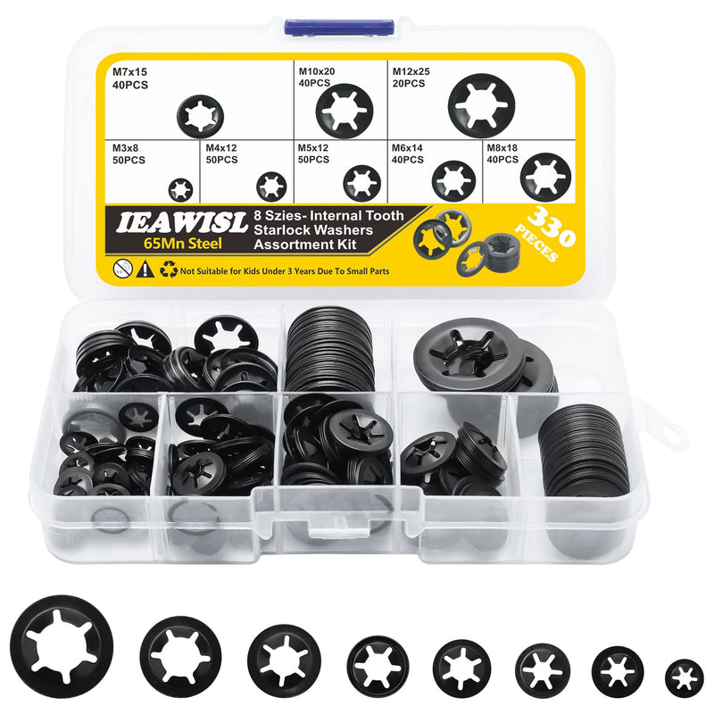 [Australia - AusPower] - Internal Tooth Starlock Washers, 330PCS 8 Size Quick Speed Locking Washers, Push Nuts, 65Mn Steel Flanged M7 and Regular M3/M4/M5/M6/M8/M10/M12 Retainning Clips Fasteners Assortment Kit 