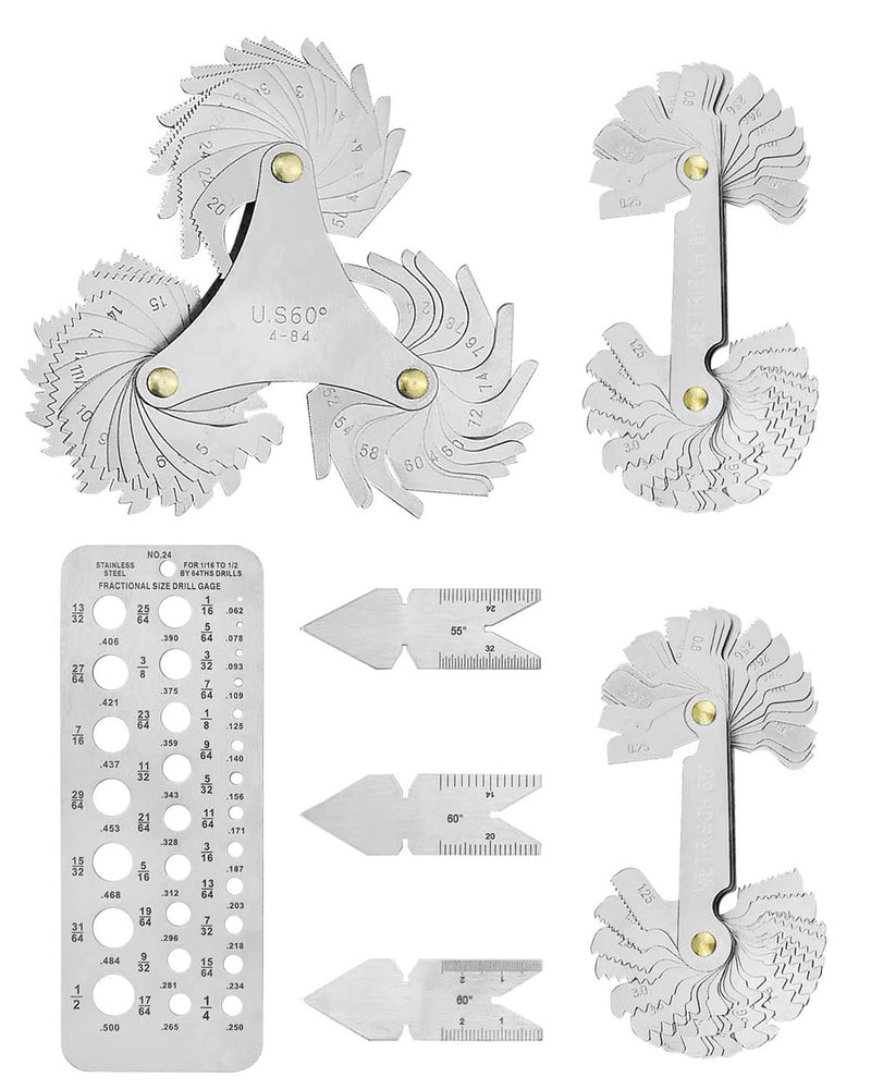 [Australia - AusPower] - 7 PCS Screw Thread Pitch Cutting Gauge Tool Set for Industrial Measurement, 3 PCS Center Gage 1 PC Drill Gauge, 1 America Type 1 Metric America Type 1 Metric Imperial US, Stainless Steel 
