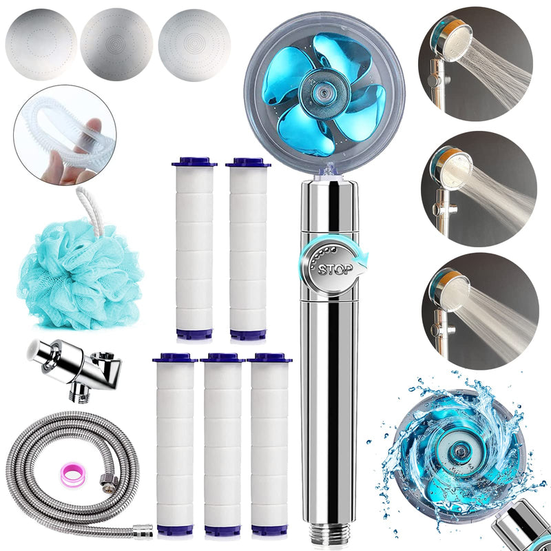 Upgraded High Pressure Vortex Propeller Handheld Shower Head Kit with Spare Accessories, 3 Spray Panels for Multiple Shower Modes Modern Upgrade Blue Set