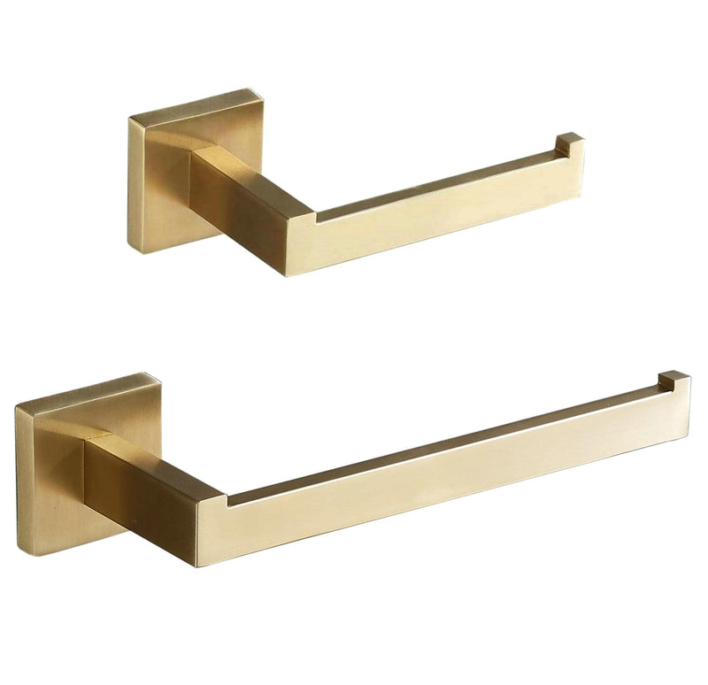 SHUNLI Gold Toilet Paper Holder + Hand Towel Holder, Brushed Gold Bathroom Accessories Hardware Set 2 Pieces, Wall Mounted Towel Ring Towel Bar, SUS304 Stainless Steel