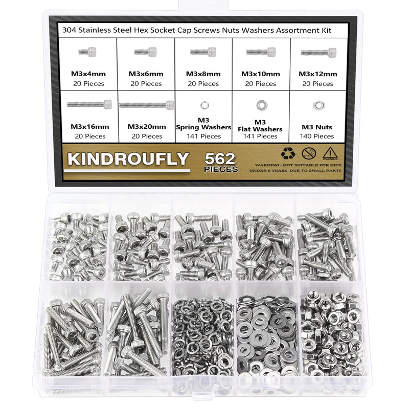 [Australia - AusPower] - 562 Pieces M3 x 4/6 /8/10 /12/16 /20mm Hex Socket Head Cap Screws Nuts Washers Assortment Kit, 304 Stainless Steel, Fully Machine Thread 