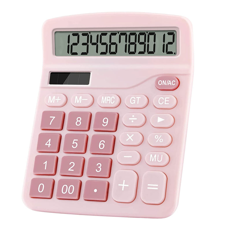 [Australia - AusPower] - Office Calculators Desktop, 12-Digit Dual Power Cute Calculator with Large LCD Display Big Button for Office Home and School (Pink) Pink 