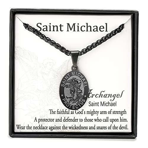 Zocomi Catholic First Communion Confirmation Gifts for Boys Men,Saint Christopher/Michael/Anthony/Jude/Joseph Medal Necklace，Oval Saint Patron Medal Religious Amulet Gifts Black St. Michael