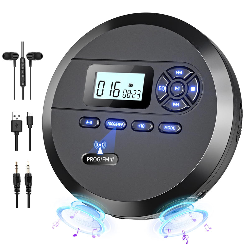 [Australia - AusPower] - CD Player Portable, DESOBRY Portable CD Player with Speakers & FM Transmitter, Compact CD Player for Car Built-in 2000mAh Rechargeable Battery, Walkman CD Player with LCD Screen, Earphones, AUX Cord 