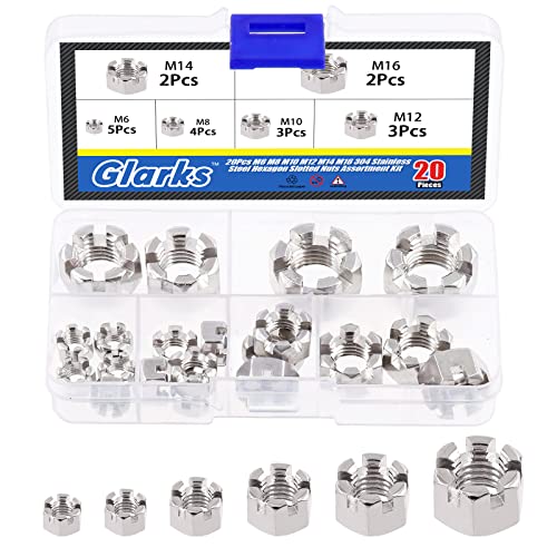 Glarks 304 stainless steel hexagon slotted nuts assortment kit in six M6–M16 sizes for car and furniture repairs