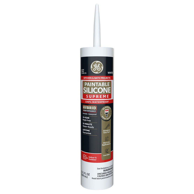 [Australia - AusPower] - GE Supreme Paintable Silicone Caulk for Kitchen & Bathroom - 100% Waterproof Silicone Sealant, 7X Stronger Adhesion, Shrink & Crack Proof - 9.5 fl oz, White, 1 Pack Pack of 1 