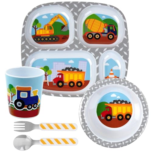 Bentology 5-Piece Construction Theme Mealtime Set - Includes Plate, Bowl, Utensils, and Glass - Dishwasher Safe, BPA Free, Cute Compartment Dish for Easy Self-Feeding