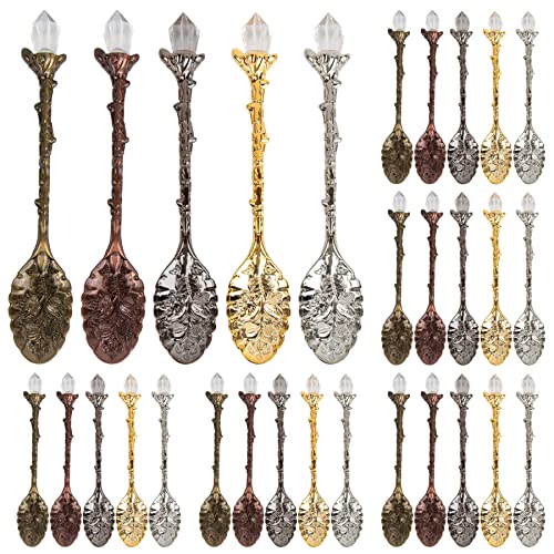 AUEAR, 50 Pack Vintage Crystal Spoons Set Carved Coffee Tea for Home Office Party Supplies Bronze & Black & Red Copper & Gold & Silver
