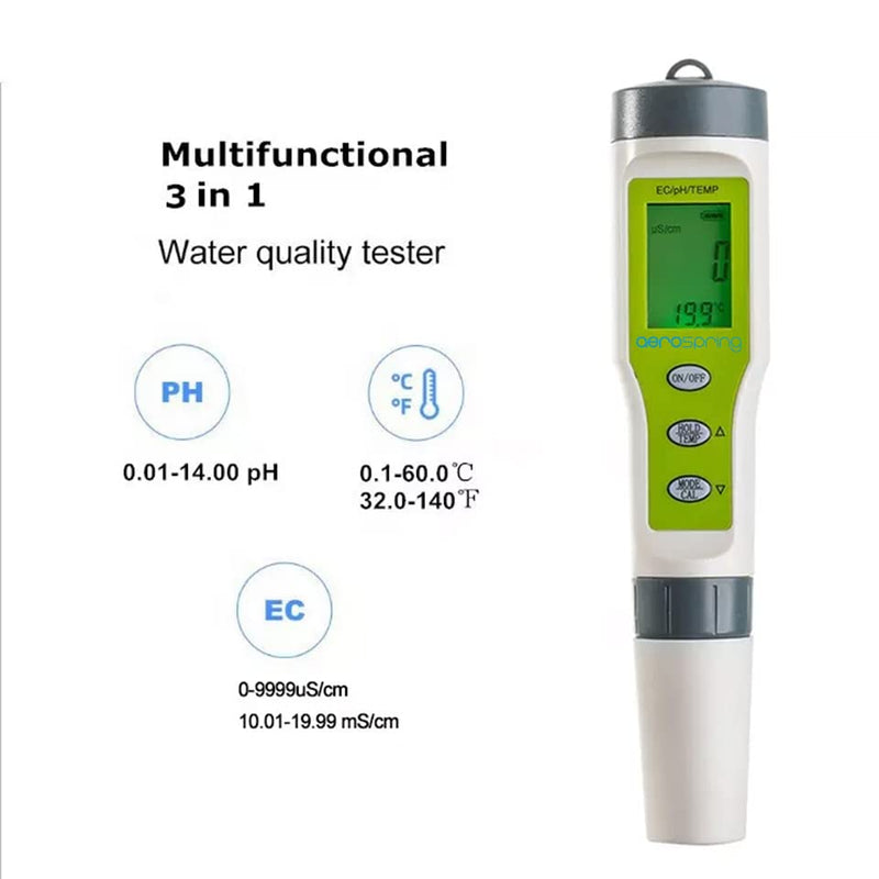 [Australia - AusPower] - 3-in-1 Waterproof Multifunction Digital Meter, Measures Electrical Conductivity (EC), pH and Temperature Functions Specially Designed for Hydroponic Systems 