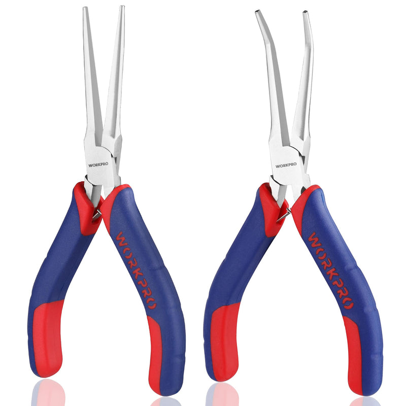 WORKPRO 2-Piece 6" Mini Needle Nose Pliers Set, Long Nose Pliers, Bent Nose Pliers with Comfort Grip Handles, For Wire Wrapping, Handmade Craft