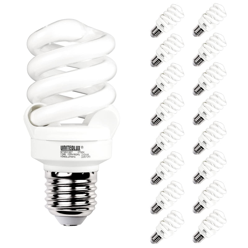 E26 Spiral CFL Light Bulbs Medium Base 13Watt (60Watt Equivalent) Soft White 2700K, 1040Lm Non-dimmable Compact Fluorescent Light, (16 Pack) 16