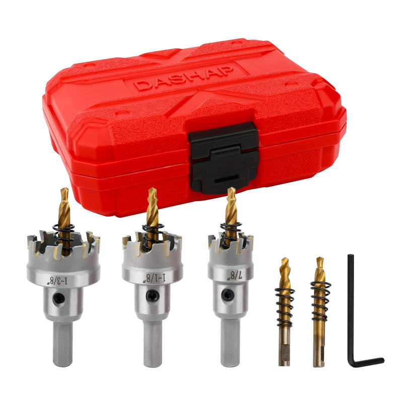 5PCS Hole Saw Kit with Case, Carbide Hole Cutter Set for Metal, TCT Hole Saw Set for Hard Metal Plastic and Wood, Within 7/8" to 1-3/8" Cutting Diameter (7/8" to 1-3/8")-5PC