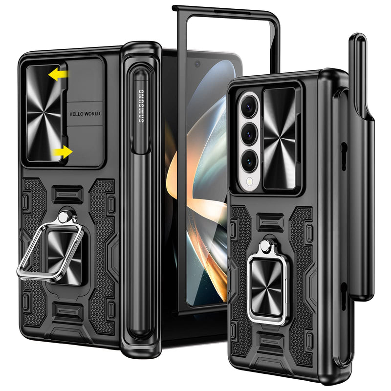 [Australia - AusPower] - VEGO for Galaxy Z Fold 4 Case with S Pen Holder, [Hinge Protection][360°Ring Magnetic Kickstand][Slide Camera Cover][Front Screen Protector] Protective Armor Case for Samsung Galaxy Z Fold 4- Black 