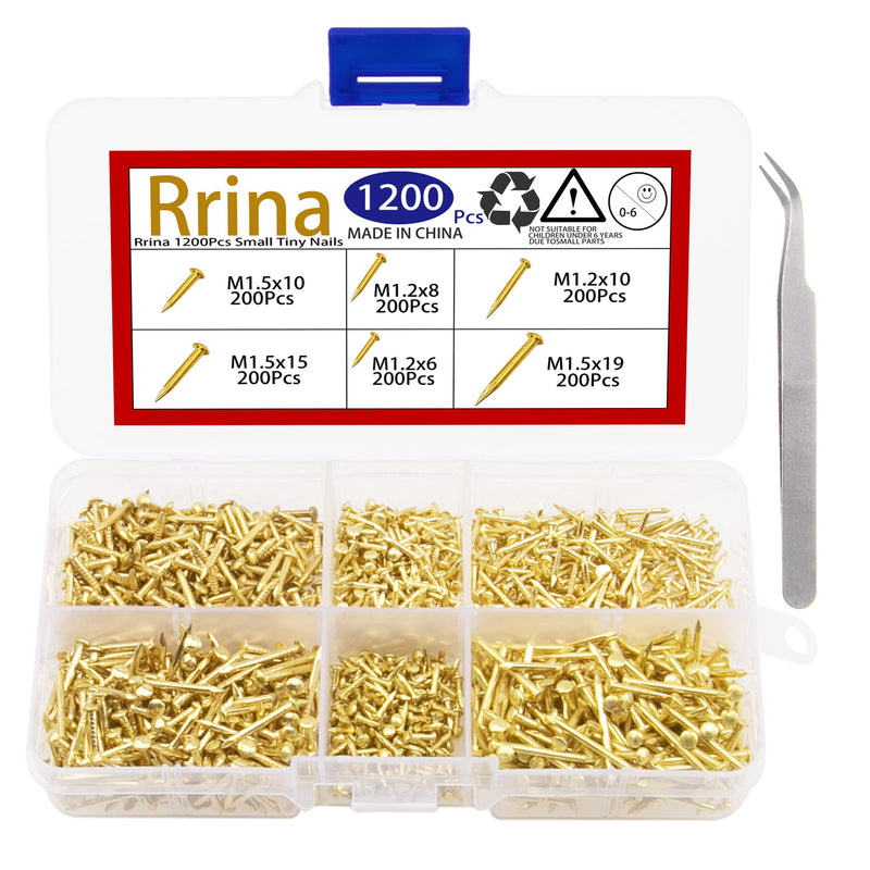 [Australia - AusPower] - 1200Pcs Small Tiny Nails Carbon Steel Brass Plated for Wooden DIY Micro Mini Nails M1.2/1.5 Assortment Kit 6 Sizes 