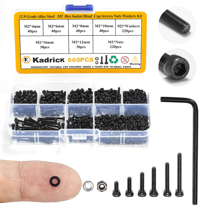 [Australia - AusPower] - 660 Pcs M2 Screw Assortment,M2*4mm/6mm/8mm/10mm/12mm/16mm,12.9 Grade Alloy Steel, Metric Hex Socket Head Cap Screws Nuts Washers Kit, Black Zinc Plated Anti Rust Upgrade 660Pcs M2 4mm-16mm 