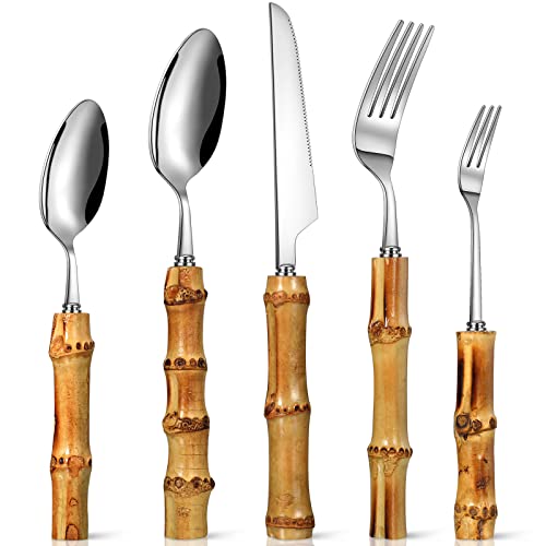 EBOOT 30 Pcs Bamboo Silverware Set 18/8 Stainless Steel Flatware Set Silver
