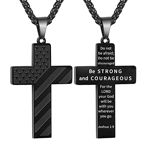 DuoDiner 18+2" Cross Necklace for Men Boys Christian Confirmation Gifts Black Joshua 1:9