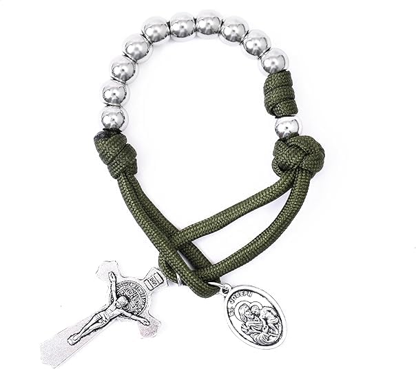 Nazareth Store Strong Military One Decade Paracord Rosary Silver Beads Pocket Car Rosary Pray For Us St. Joseph Medal & St. Benedict Cross Green