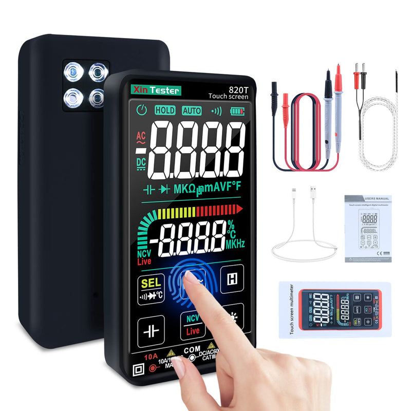 Xin Tester Digital Multimeter Smart Touch Screen Auto-Ranging 9999 Counts TRMS Rechargeable Multi Tester NCV Voltmeter Ohmmeter Tests Current Voltage Resistance Capacitance Frequency Diode Temperature FS8233 Pro
