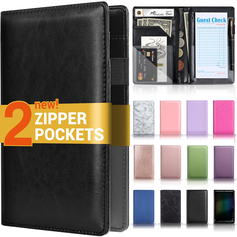 [Australia - AusPower] - Server Book with 2 Zipper Pockets, Leather Server Books for Waitress, Waiter Book, Sturdy Waitress Book with Money Pocket and Zipper, Servers Book Serving Waitress Accessories Fit Server Apron (Black) Black 