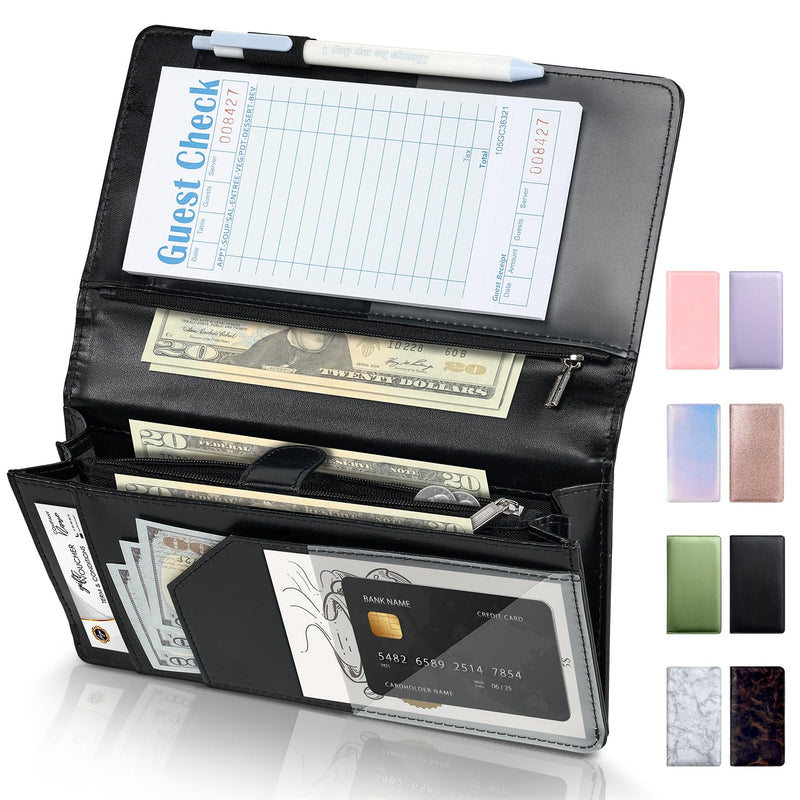 [Australia - AusPower] - Server Book High Volume, Expandable Server Books for Waitress, Waiter Book, Sturdy Leather Waitress Book with 2 Zipper Pockets and Magnetic Pocket, Server Books Booklet Fit Server Apron (Black) Black 