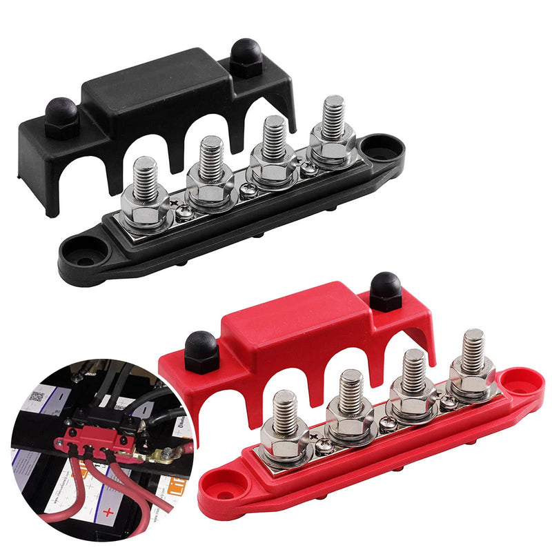 PACEWALKER BusBar Box with 4 x M8 Connection Bolts High Performance Module 12V-48V DC Power Distribution Block Grounding Current for Car RV Boat Yacht 2pcs 250A (Black Red)