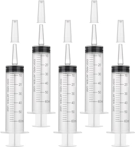 Syringes 60 ml Pack of 5 Dosing Syringes Plastic Syringe | With caps, individually packaged, reusable, precise dosage, for laboratory, animal feeding, plants and DIY Spritze 60ml×5