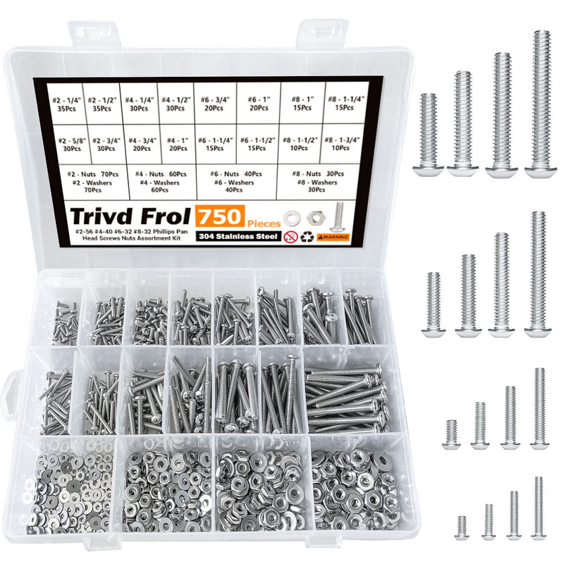 Trivd Frol 750PCS #2-56#4-40#6-32#8-32 Phillips Pan Head Screws Bolt Nut Flat Washers 304 Stainless Steel Machine Screws Nuts Washers Assortment Kit (#2-56#4-40#6-32#8-32)