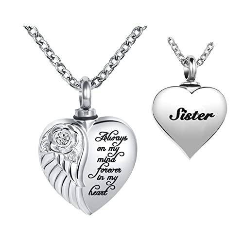 Heart Cremation Necklace for Ashes Angel Wing Urn Necklace Memorial Keepsake Jewelry Engraved Always on My Mind Forever in My Heart Sister