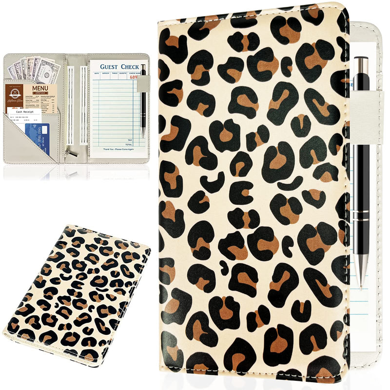 [Australia - AusPower] - Server Books for Waitress, Waitress/Waiter Book Organizer with Zipper Pouch, Guest Check Book Holder Money Pocket Restaurant Waitstaff Organizer Leopard Pattern Brown 