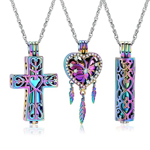 shajwo 3 Pack Cremation Urn Necklace for Ashes for Women Men Heart Lotus Cross Cylinder Cremation Jewelry for Ashes Loved One Memorial Keepsake Pendant Heart-Rainbow 2