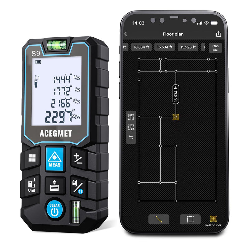 ACEGMET Laser Measure with Phone App, 229ft/70m Laser Measurement Tool with 2 Bubble Levels, LCD Backlit Display, IP54 Waterproof, Pythagorean Mode for Distance, Area, Volume APP Version