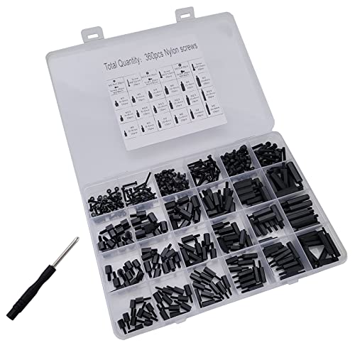 Auto-plaza M2, M2.5 and M3 black nylon hex spacer screw assortment set, 360-piece computer fastener kit